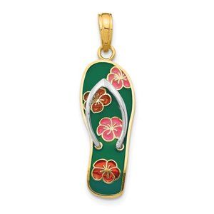 14k Yellow Gold 3D Enameled Flowers or Beach Scene On Flip Flop Charm Pendant